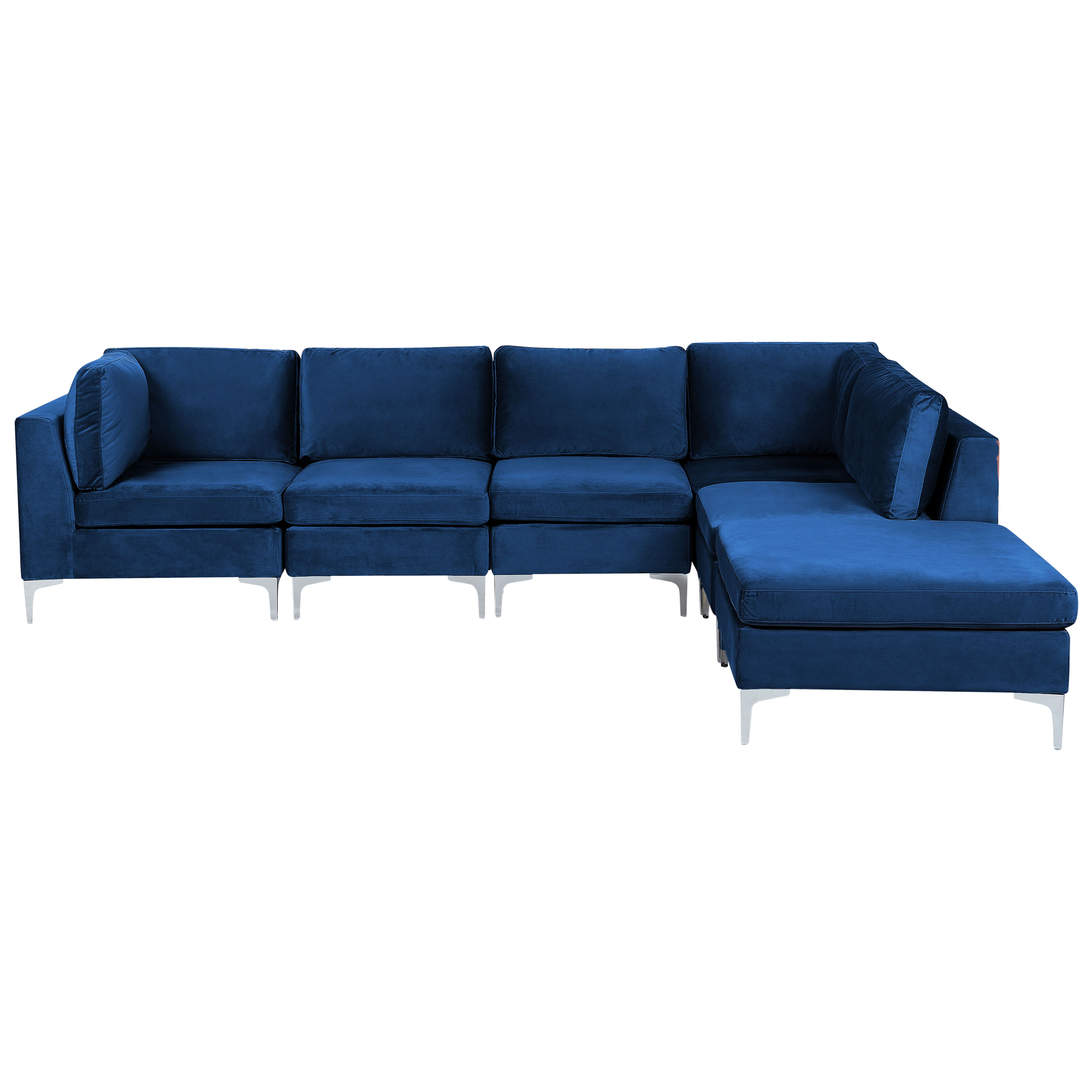Hoekbank met ottomaan 5-zits fluweel blauw linkszijdig EVJA