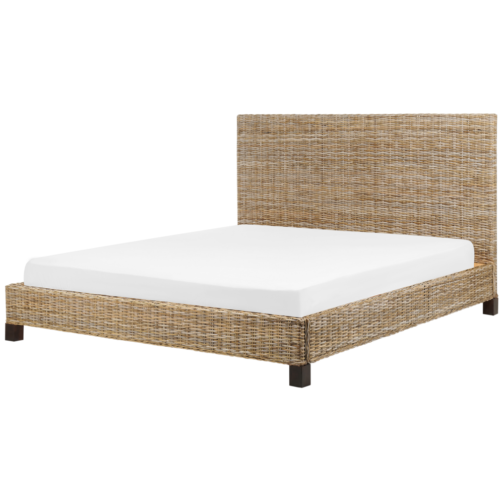 Letto a pannello Rattan naturale Legno di mogano UE Doppio 180 x 200 cm Rete a doghe Testata intrecciata Moderna Boho
