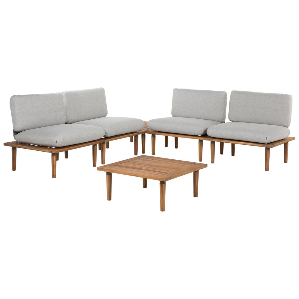 Image of Set Divani Da Giardino Cuscini Grigi In Legno Di Acacia Set Conversazione Da Esterno Moderno A 4 Posti Poltrone Con Tavolino Cuscini Grigi