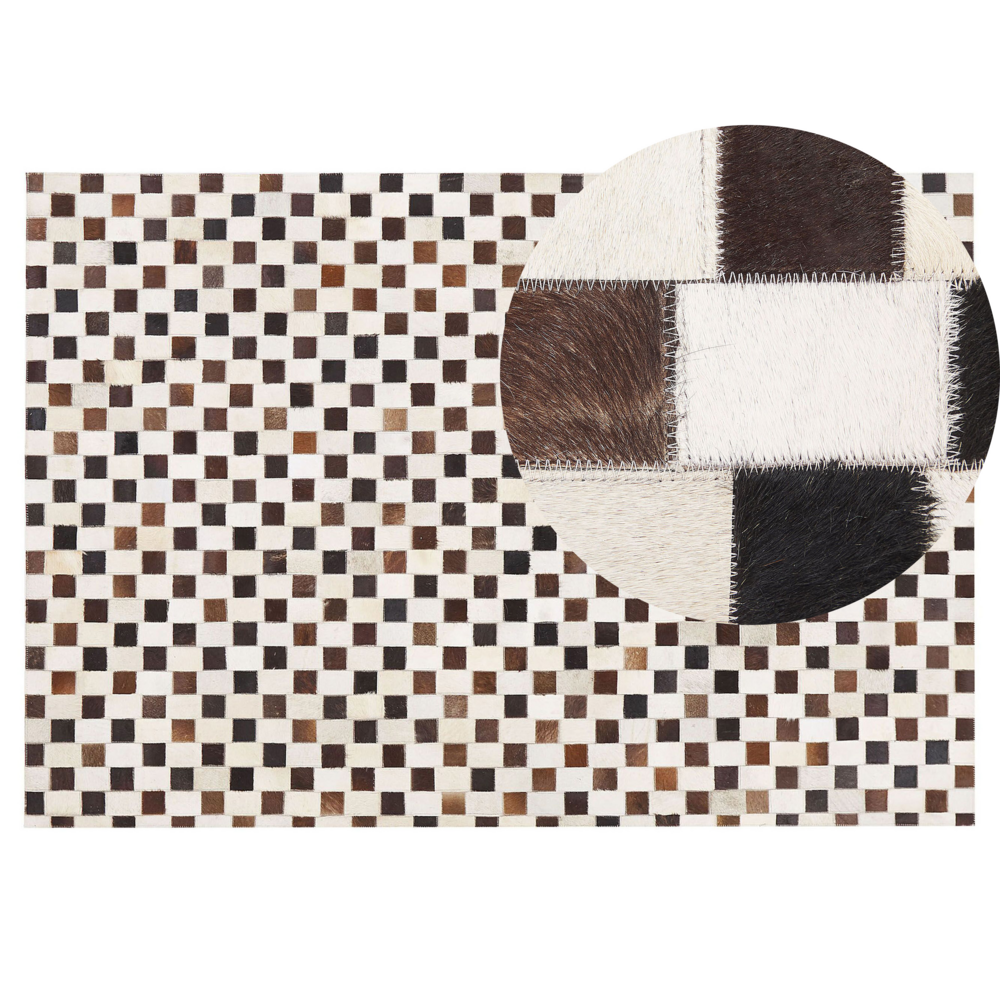 Image of Tappeto tappetino Pelle Bovina Marrone e Beige 140 x 200 cm Motivo Geometrico Patchwork