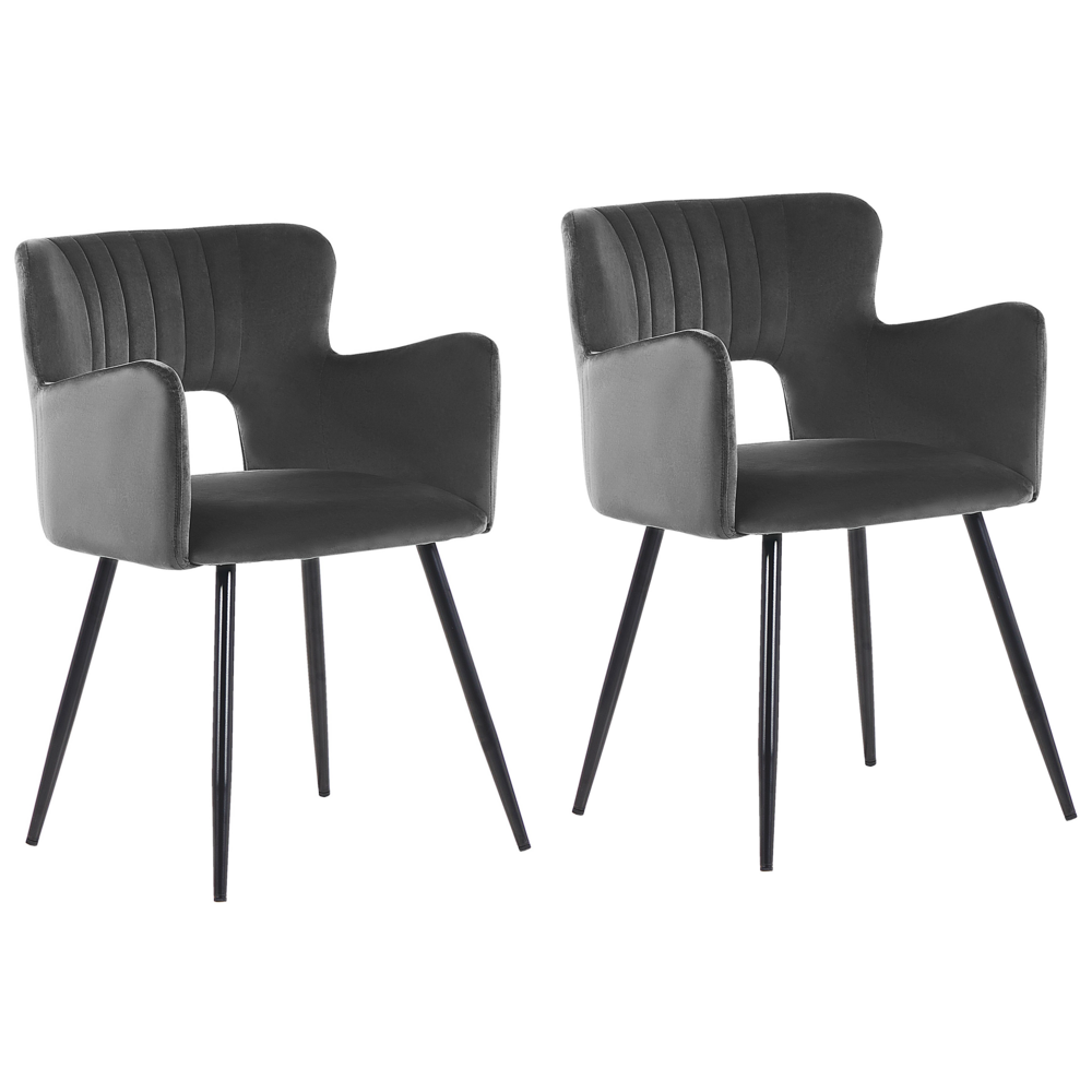 Image of Set di 2 sedie da pranzo velluto grigio scuro braccioli schienale intagliato gambe in metallo moderna industriale