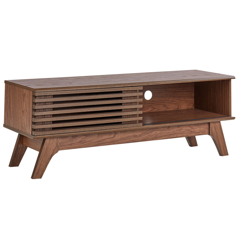 Mobile TV in legno scuro con vano portaoggetti anteriore a scorrimento stile moderno contemporaneo