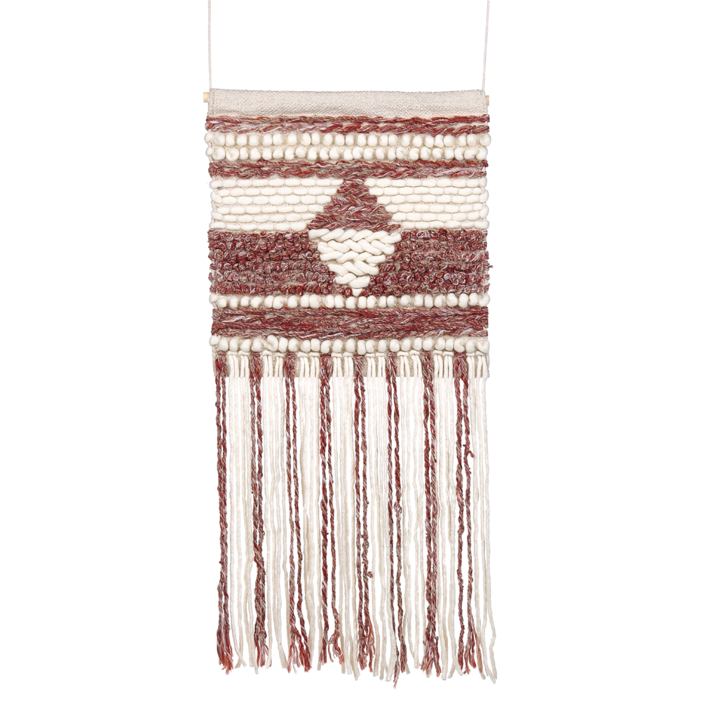 Image of Decorazione da parete lana rossa e beige nappa fatta a mano arte da parete motivo geometrico boho per soggiorno camera da letto