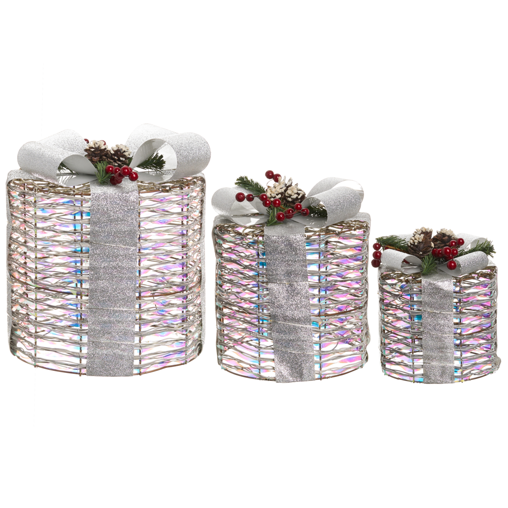 Set di 3 decorazioni natalizie con luci LED argento calde fiocchi e decorazioni festive per interni argento