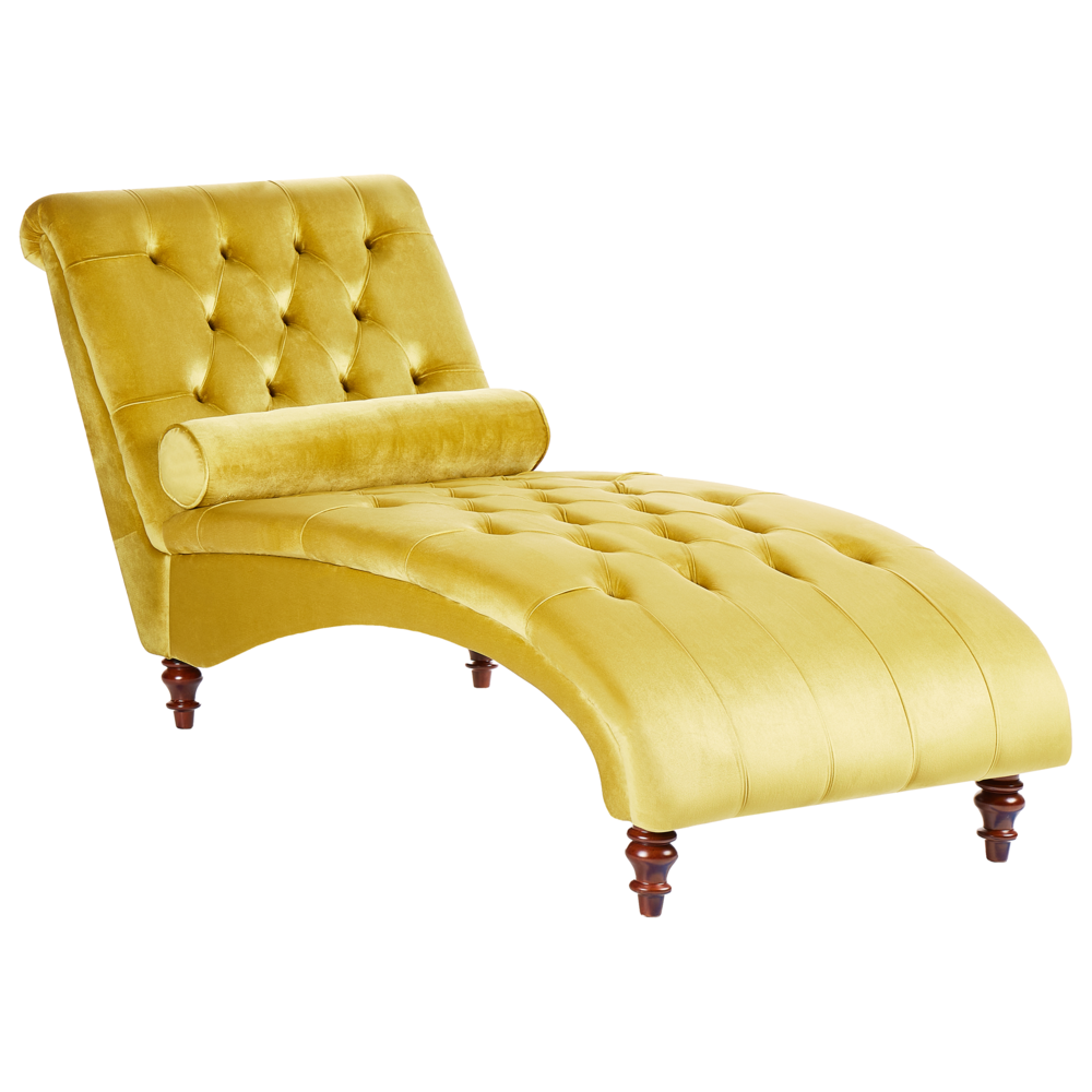 Image of Chaise longue Senape Velluto Giallo Chesterfield Abbottonato Moderno Salotto Chaise Gambe in Legno