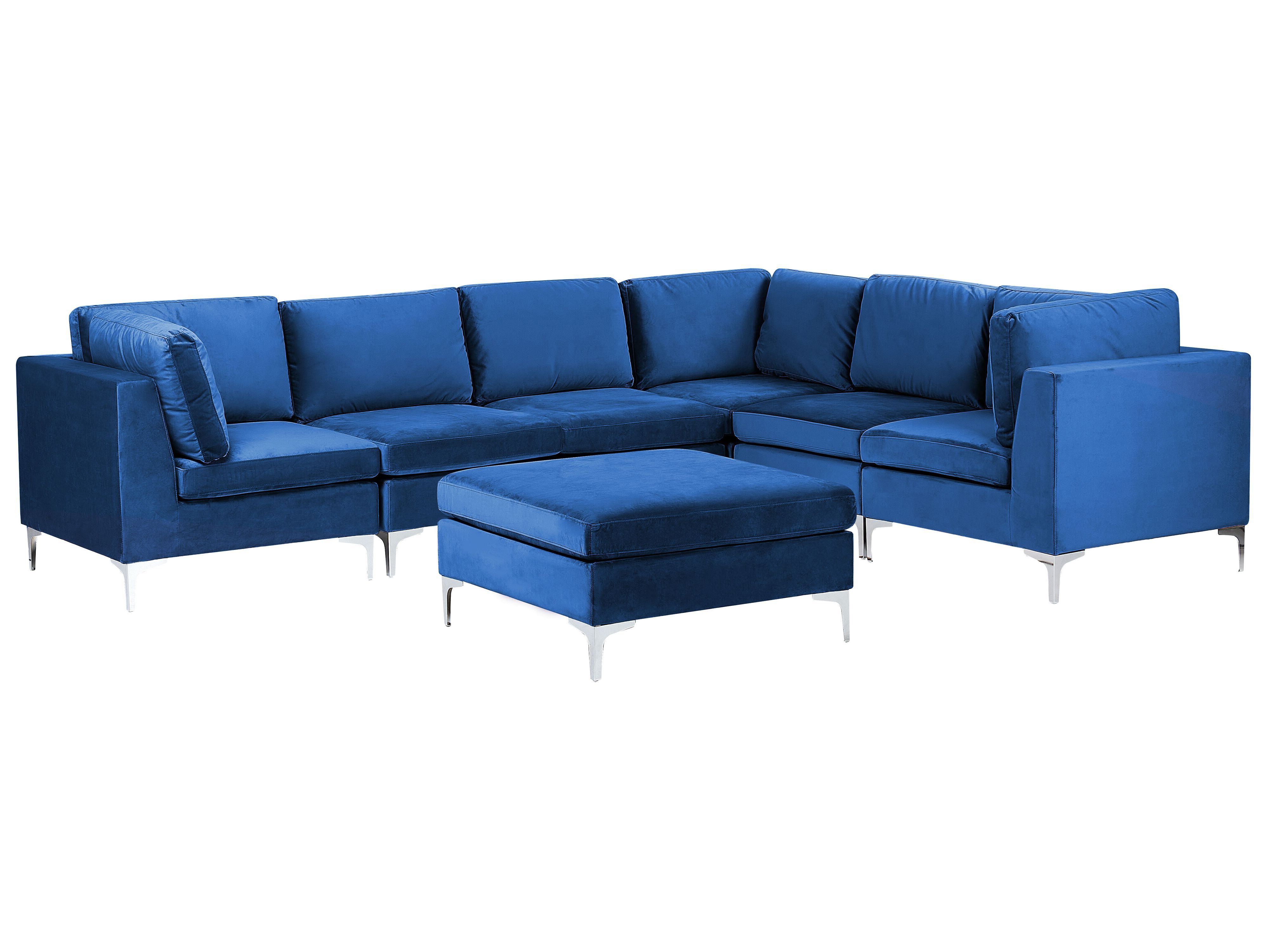 Hoekbank met ottomaan 6-zits fluweel blauw linkszijdig EVJA