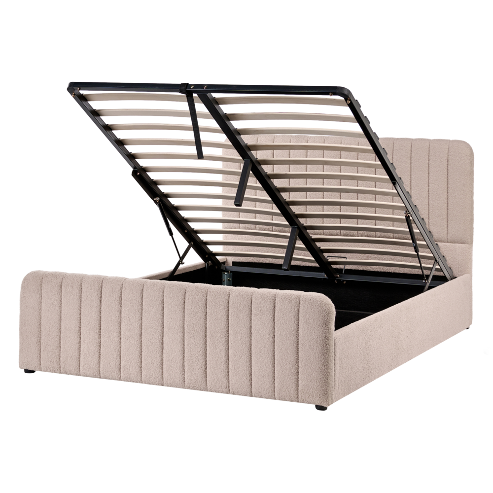 Letto Matrimoniale Con Contenitore Imbottito Boucle Tessuto Beige 140 X 200 Cm Con Testiera E Pediera Contenitore Sollevabile