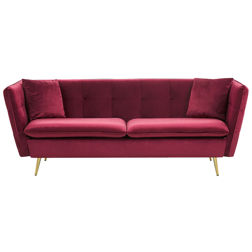 Image of Divano a 3 posti con rivestimento in tessuto di velluto rosso scuro capitonné con gambe dorate