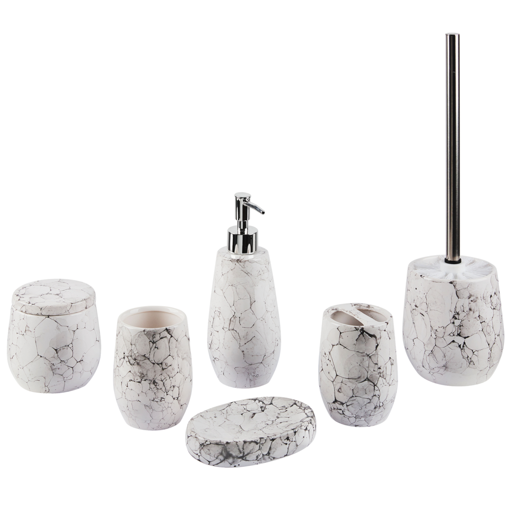Image of Set di 6 Accessori Bagno in Ceramica bianca dispenser sapone porta sapone bicchiere portaspazzolini contenitore scopino bagno