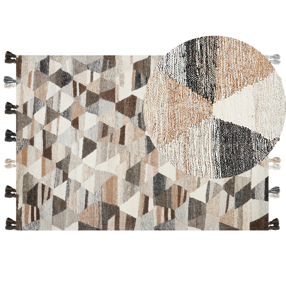 Image of Tappeto di lana multicolore 160 x 230 cm kilim fatto a mano patchwork con nappe soggiorno camera da letto