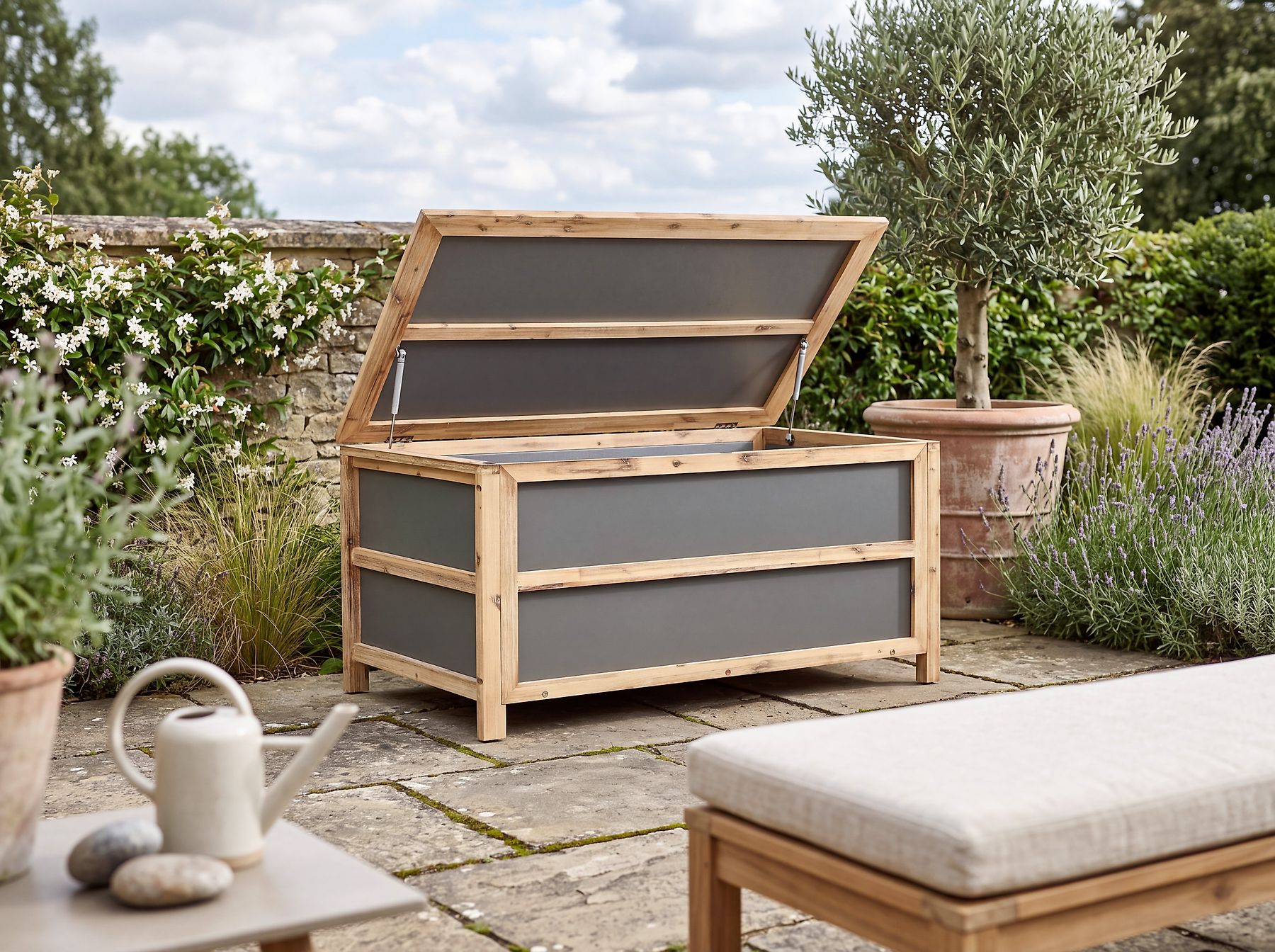 Garten Auflagenbox Beton u. Akazienholz grau wetterfest Gartentruhe 330 L Acate