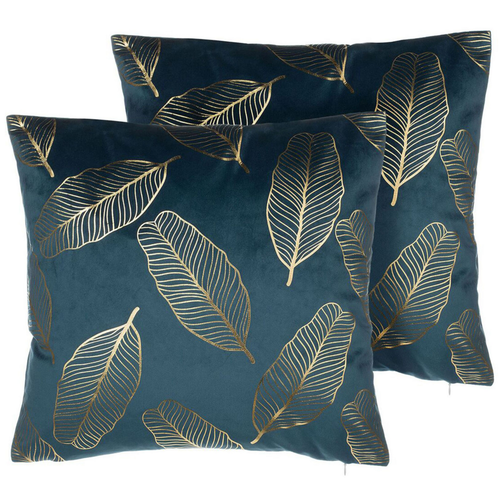 Image of Set di 2 cuscini decorativi con motivo foglia di velluto blu 45 x 45 cm Accessori decorativi con stampa in lamina dorato