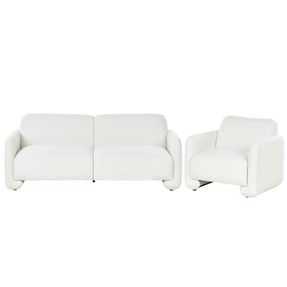 Set da salotto in tessuto divano 3 posti poltrona poliestere imbottitura ampio schienale braccioli mobili da salotto retrò bianco