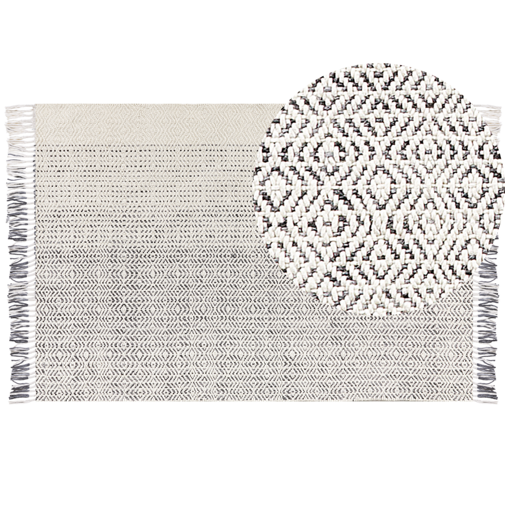 Image of Tappeto Bianco e Grigio Lana Cotone Tappeto Bianco e Grigio Lana Cotone 160 x 230 cm Tessuto a mano a trama piatta con nappe Tessuto a mano a trama piatta con nappe