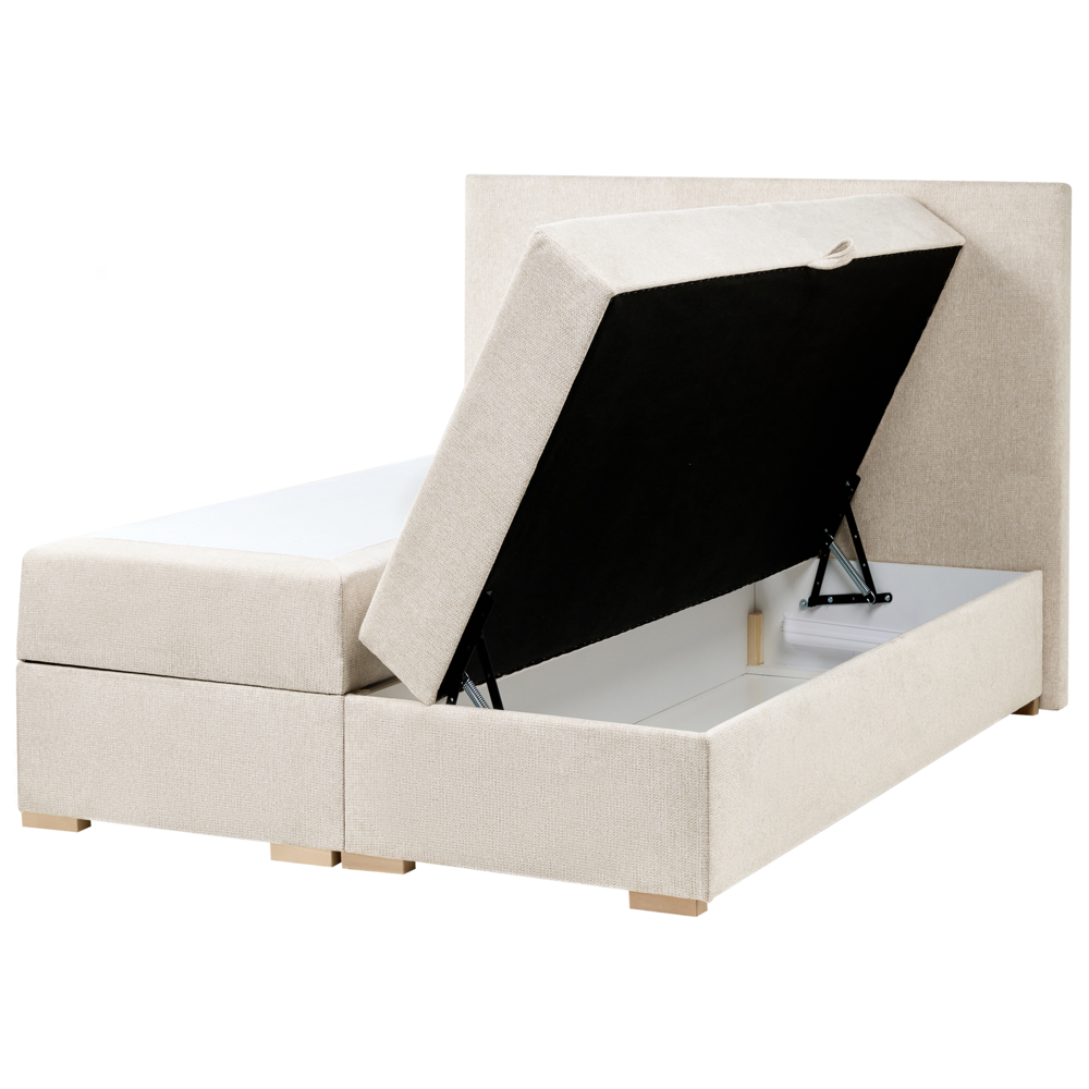 Letto matrimoniale con contenitore sollevabile in tessuto beige chiaro 120 x 200 cm con testiera stile moderno