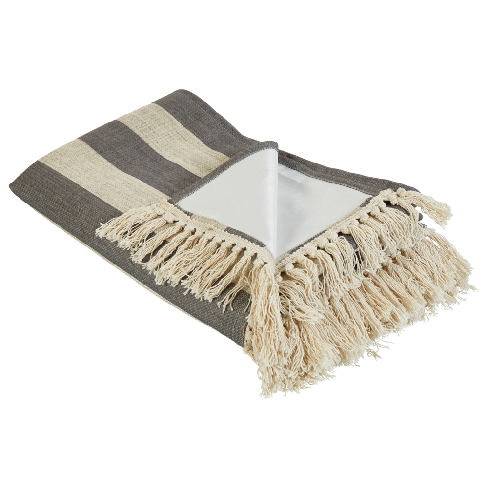 Image of Coperta da picnic in cotone beige e grigio 150 x 200 cm Tessuto a mano a righe con cinghia Coperta da picnic