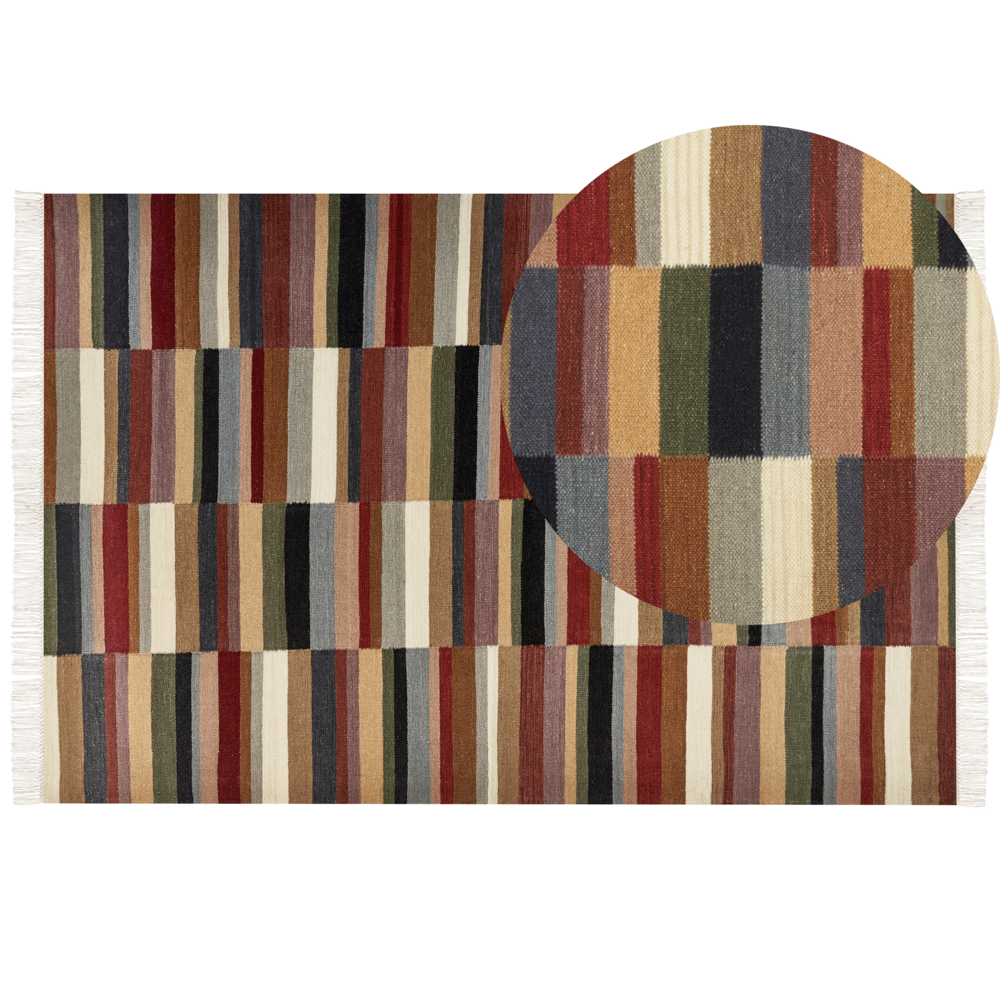 Image of Tappeto in lana multicolore kilim fatto a mano motivo geometrico 200 x 300 cm nappe soggiorno camera da letto