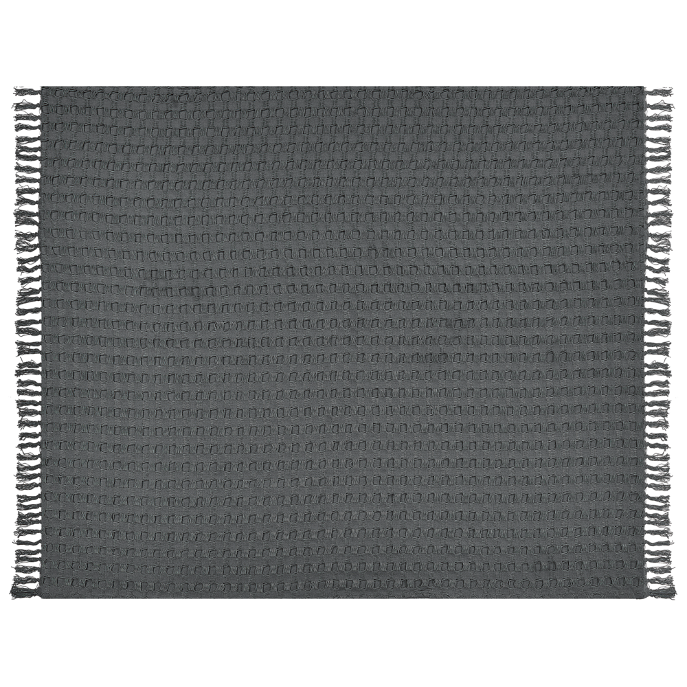 Image of Copriletto in tessuto di cotone grigio scuro 220 x 240 cm con frange Coperta decorativa Biancheria da letto design classico Camera da letto