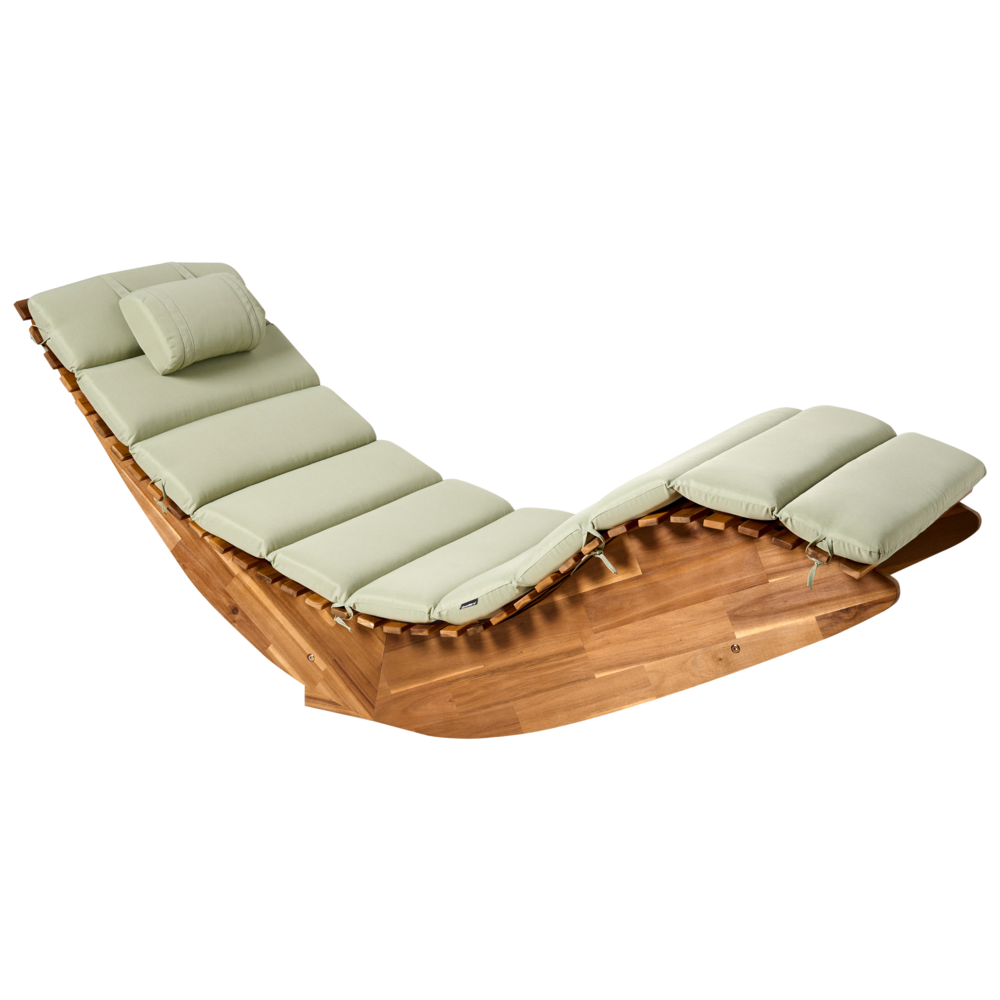 Lettino prendisole in legno di acacia Cuscino verde chiaro a doghe Design a dondolo Forma curva