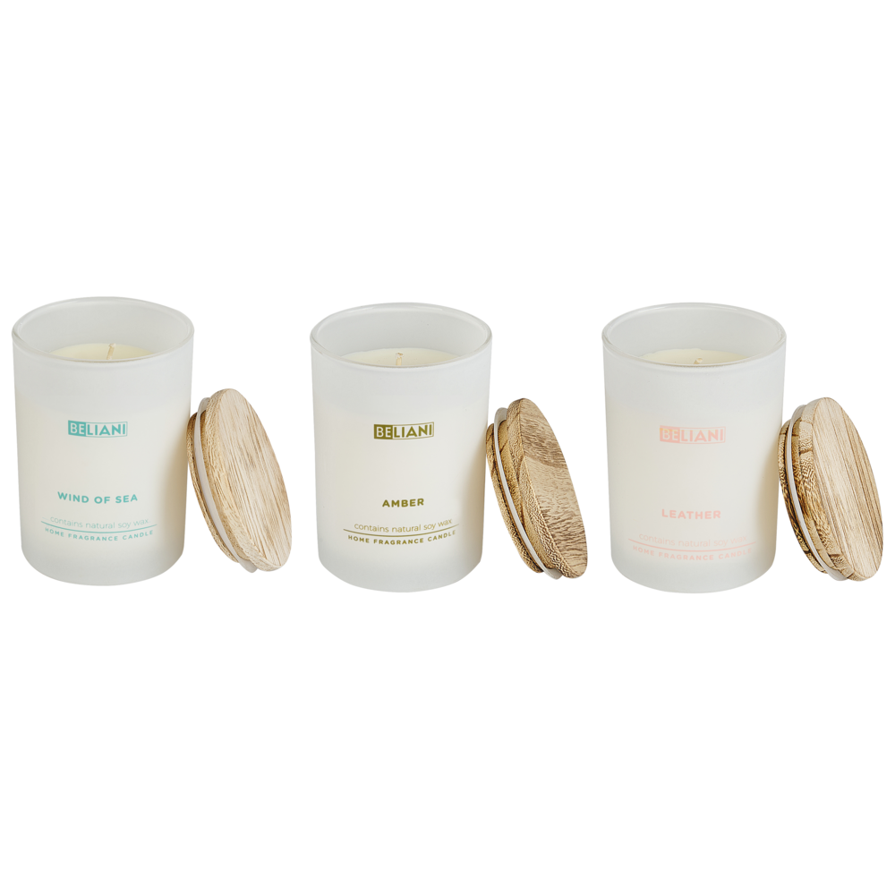 Image of Set di 3 candele profumate multicolore 100% cera di soia stoppino di cotone vetro bianco fragranza Pelle/Vento di Mare/Ambra