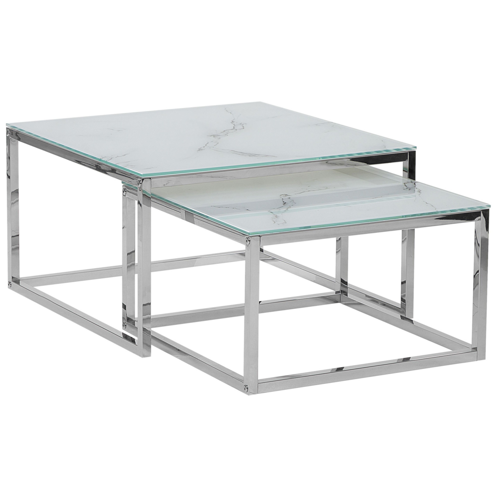 Set di 2 tavolini a nido Piano Bianco Effetto Marmo Cornice Argento Vetro Temperato Gambe Acciaio Inox Stile Minimalista Glam