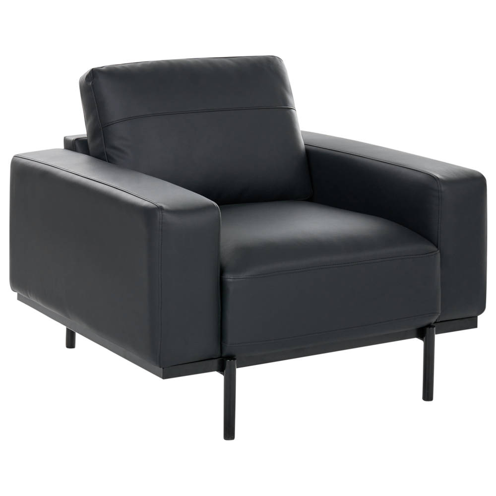 Poltrona moderna da salotto nera a 1 posto imbottita in ecopelle con schienale rifinito e gambe in metallo nero per salotto classico moderno