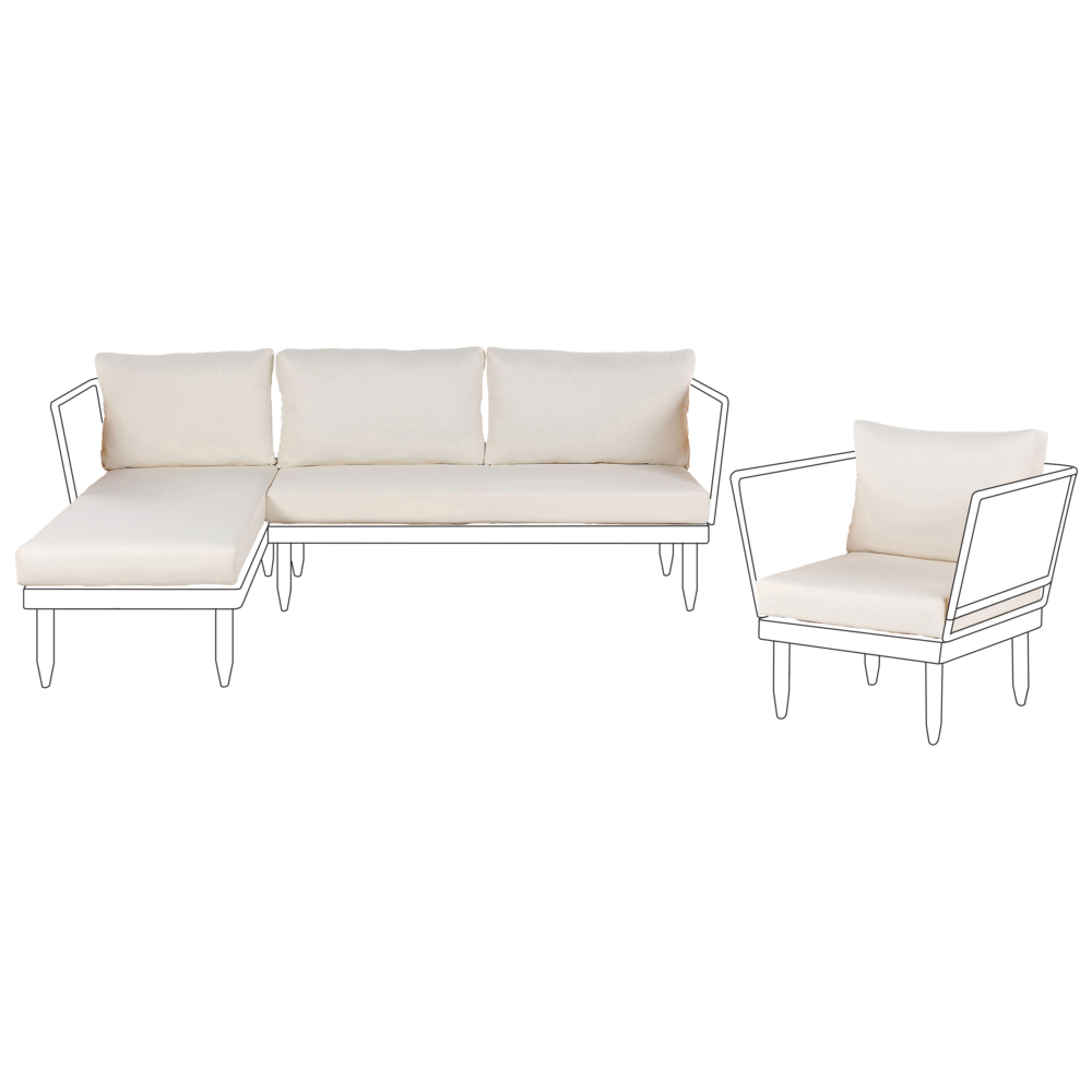 Image of Set di copricuscini da esterno con cuscini per sedile in tessuto bianco sporco elegante glam balcone terrazzo