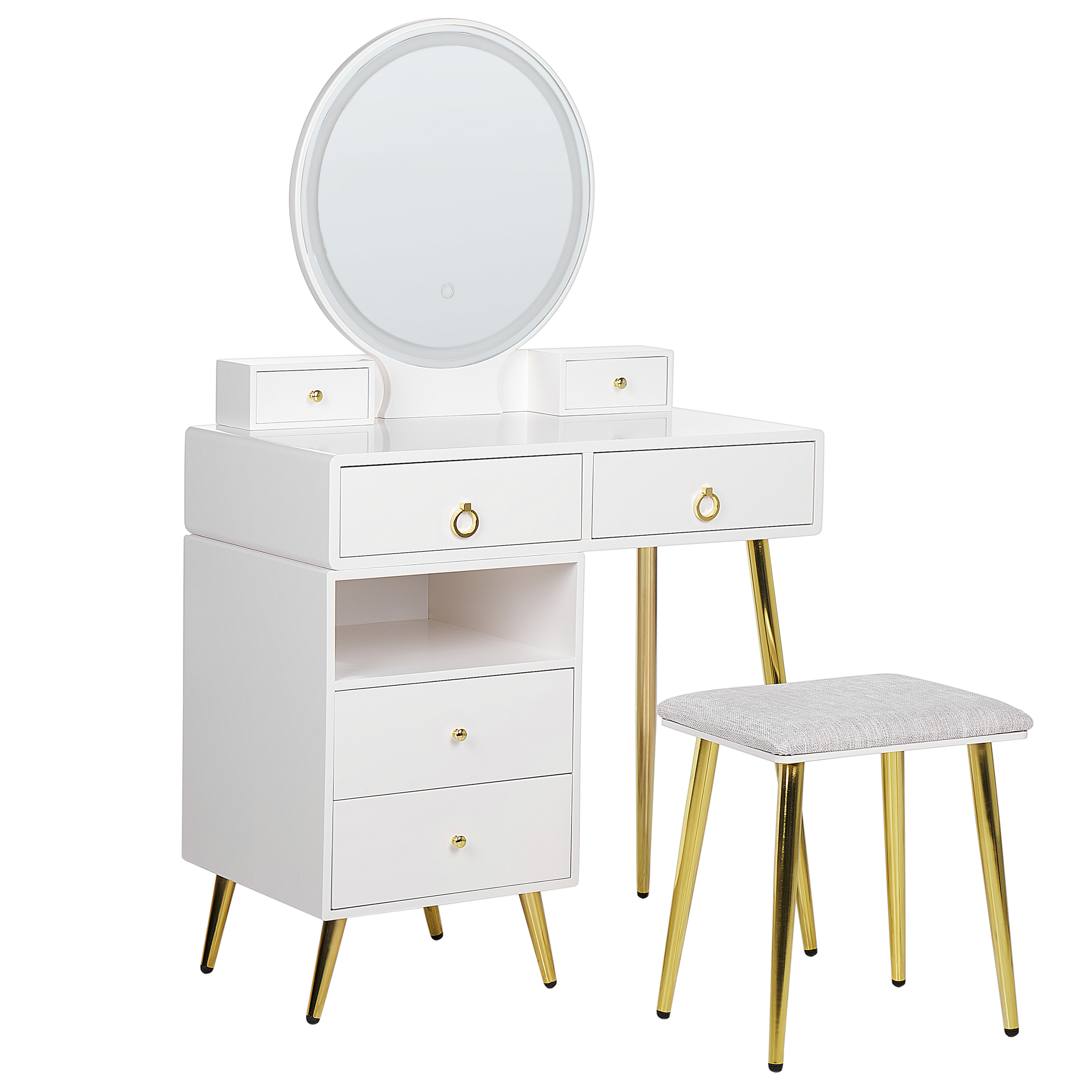 Kaptafel met LED spiegel en kruk wit/goud YVES