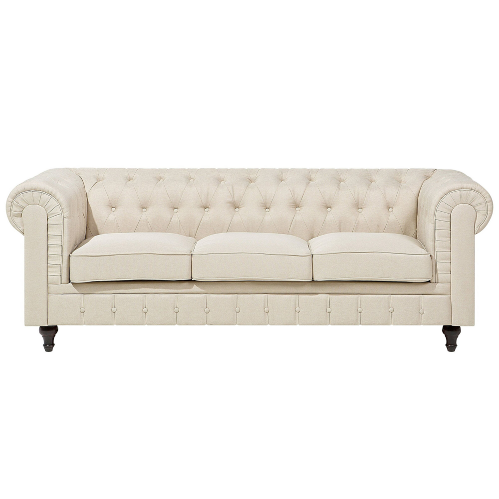 Image of Divano Chesterfield Rivestimento in Tessuto Beige Gambe in Legno Scuro 3 Posti Contemporaneo