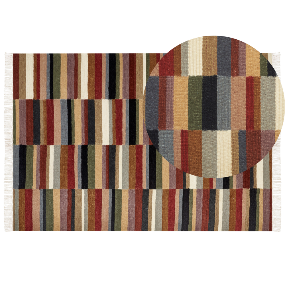 Image of Tappeto in lana multicolore kilim fatto a mano motivo geometrico 160 x 230 cm nappe soggiorno camera da letto