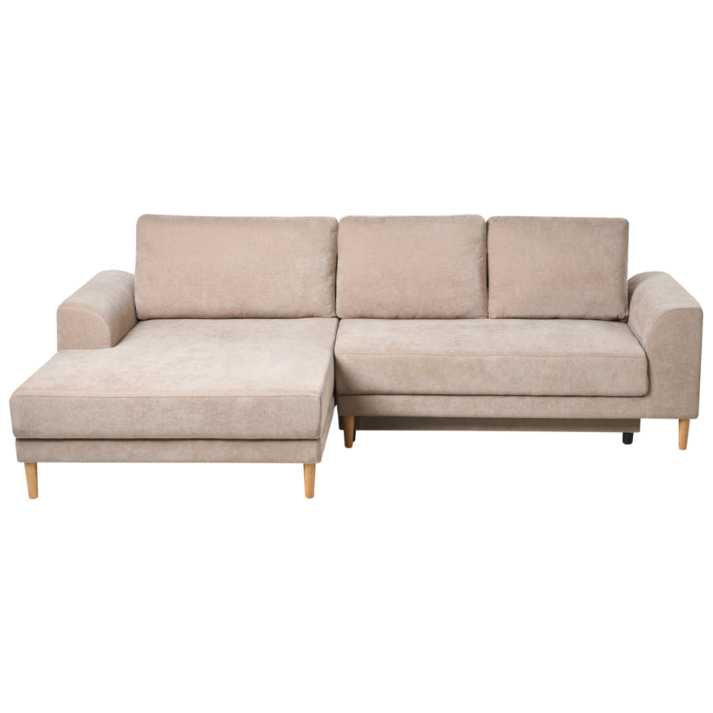 Divano letto angolare a 3 posti con braccioli contenitori rivestito in ciniglia beige lato destro stile moderno
