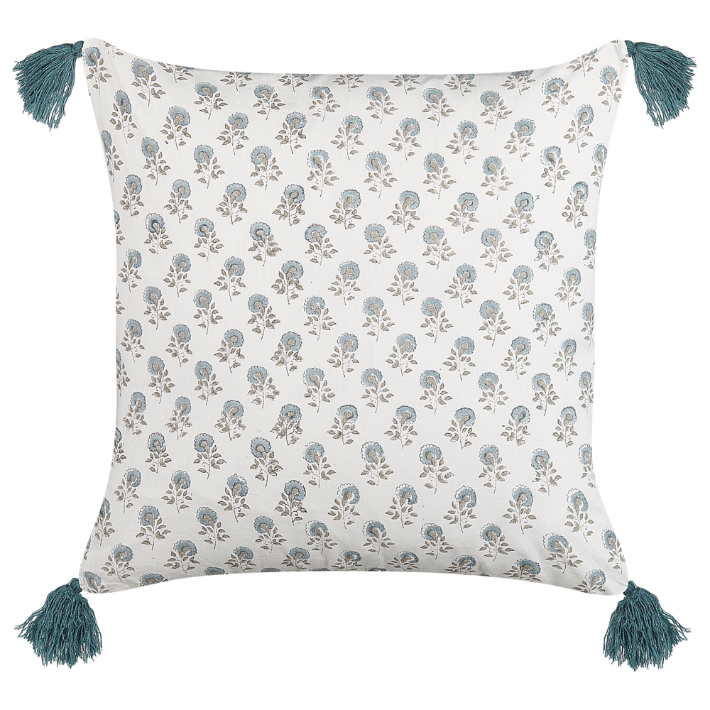 Image of Cuscino decorativo bianco e blu cotone 45 x 45 cm motivo floreale nappe fatto a mano rivestimento sfoderabile con imbottitura boho style