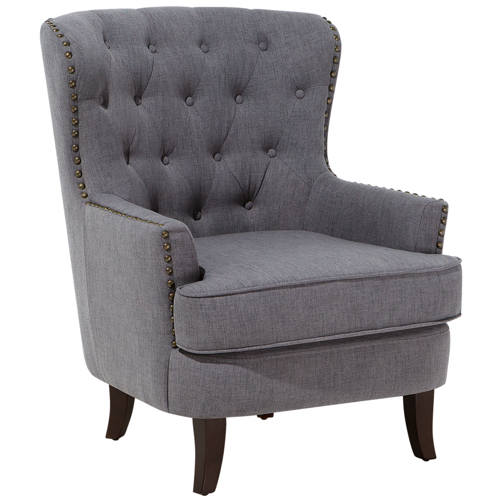 Image of Poltrona Wingback Pulsante grigio scuro Schienale capitonné Gambe nere Rifiniture a chiodo Elegante soggiorno in stile Chesterfield