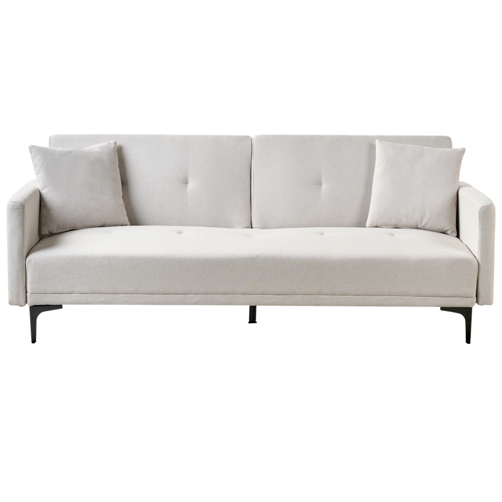 Image of Divano letto moderno in tessuto beige chiaro a 3 posti con schienale con bottoni gambe nero design moderno scandinavo