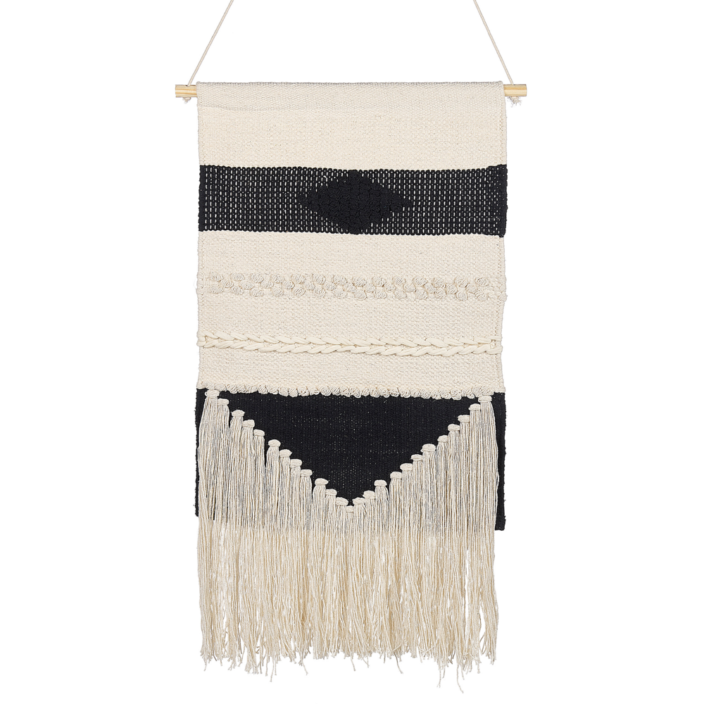Image of Decorazioni da parete in cotone nero beige nappa fatta a mano arte della parete motivo geometrico boho per soggiorno camera da letto