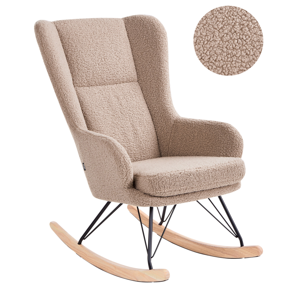 Sedia a dondolo Rivestimento in bouclé beige sporco Gambe nere in metallo con braccioli Schienale alto Soggiorno