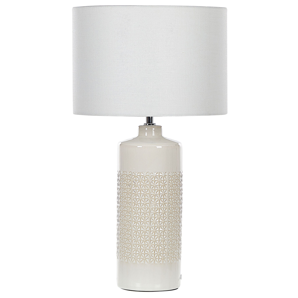 Image of Lampada da tavolo in ceramica bianco sporco 58 cm luce notturna scandinava paralume texture lucido soggiorno camera da letto