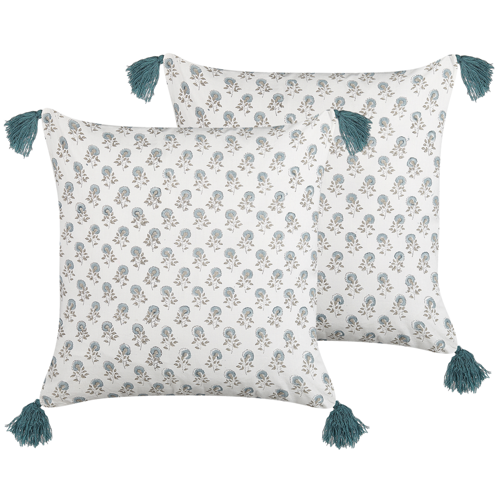 Image of Set di 2 cuscini decorativi bianchi e blu cotone 45 x 45 cm motivo floreale nappe fatto a mano rivestimento sfoderabile con imbottitura stile boho