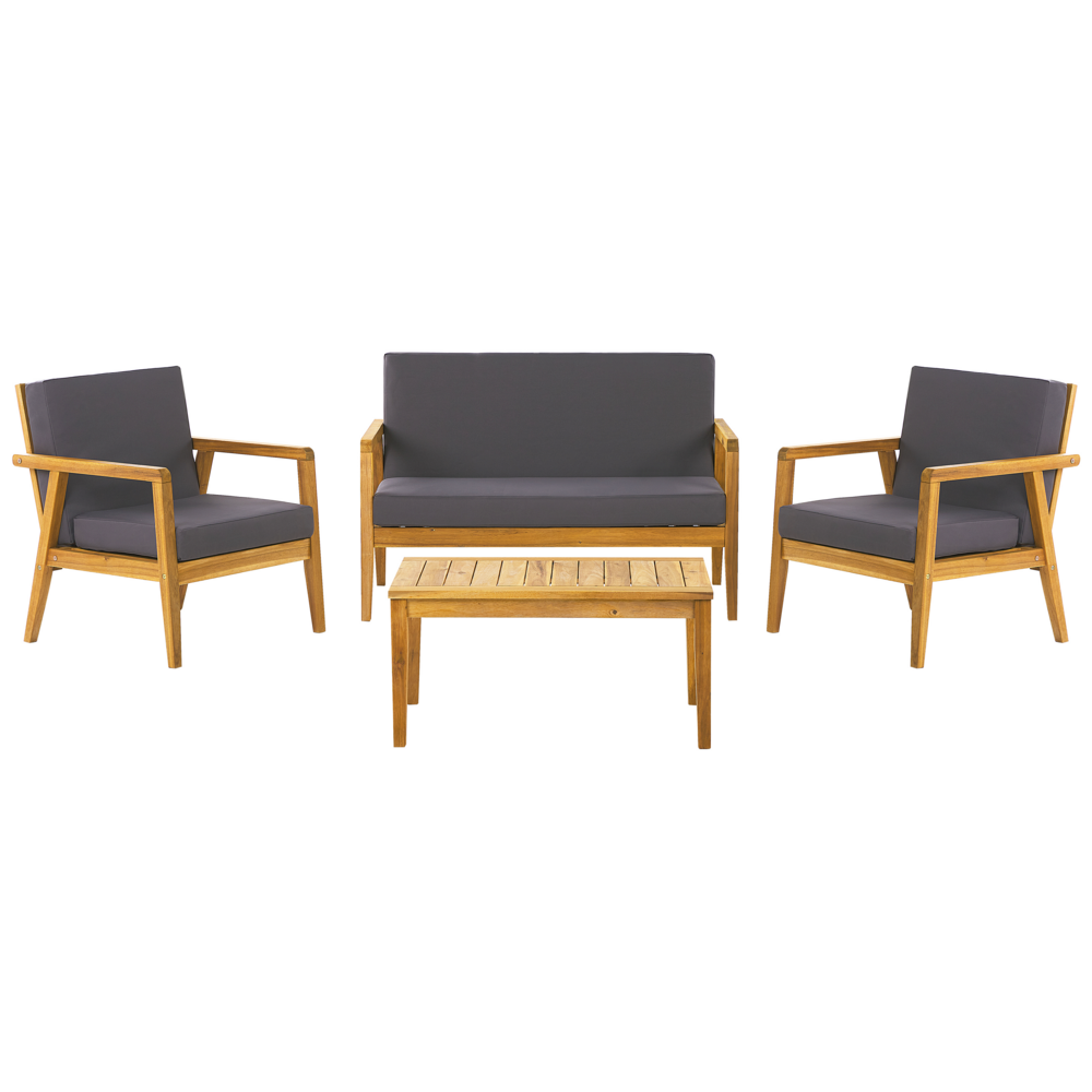 Image of Set Conversazione da Giardino in Legno di Acacia Chiaro con Cuscini Grigi Divano con Poltrone e Tavolino