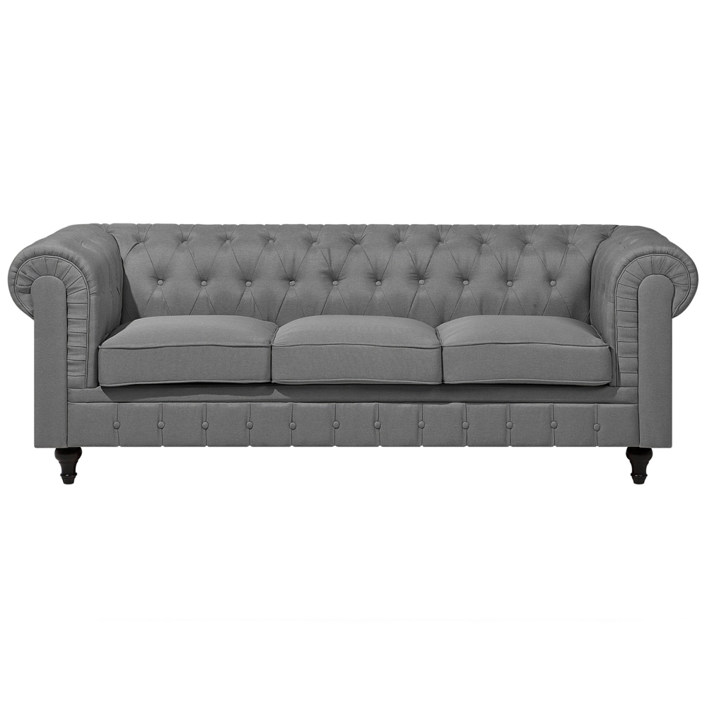 Image of Divano Chesterfield Rivestimento in Tessuto Grigio Chiaro Gambe in Legno Scuro 3 Posti Contemporaneo