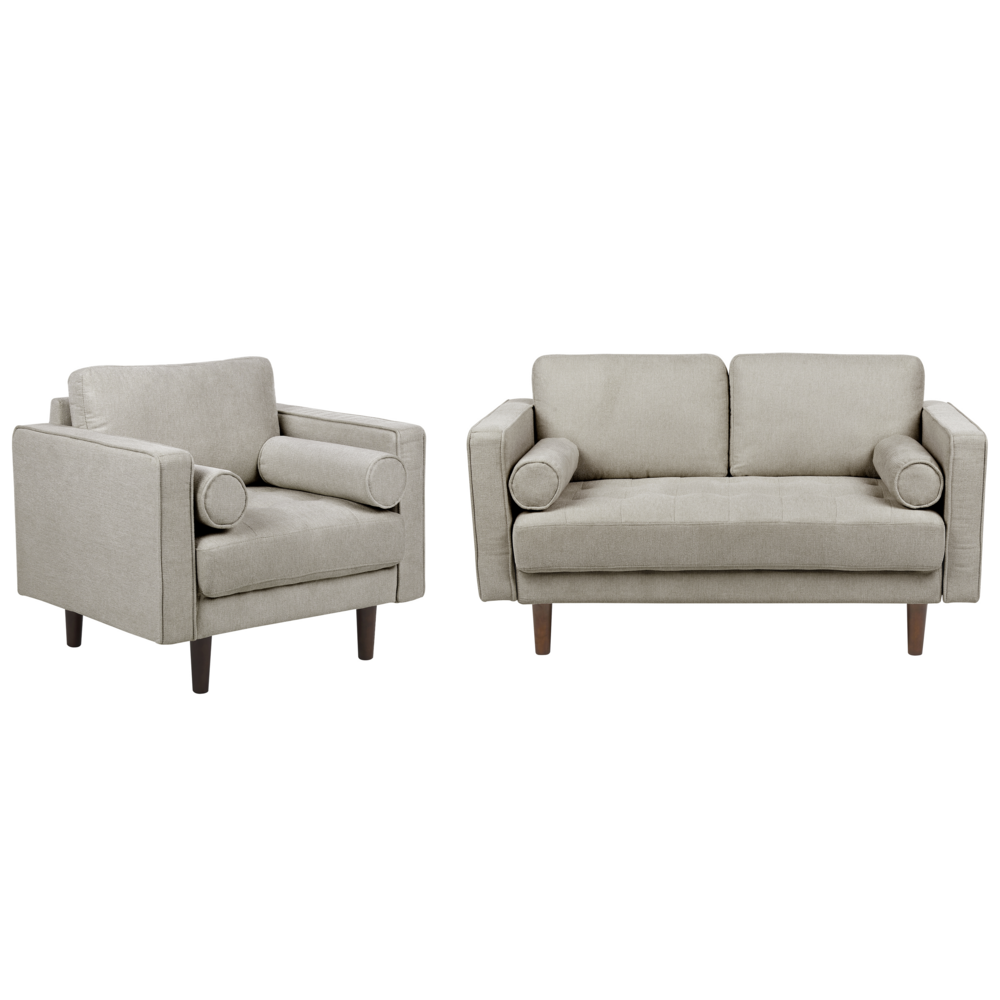 Set da soggiorno divano 2 posti e poltrona Imbottiti in tessuto tortora con schienale imbottito stile retrò soggiorno