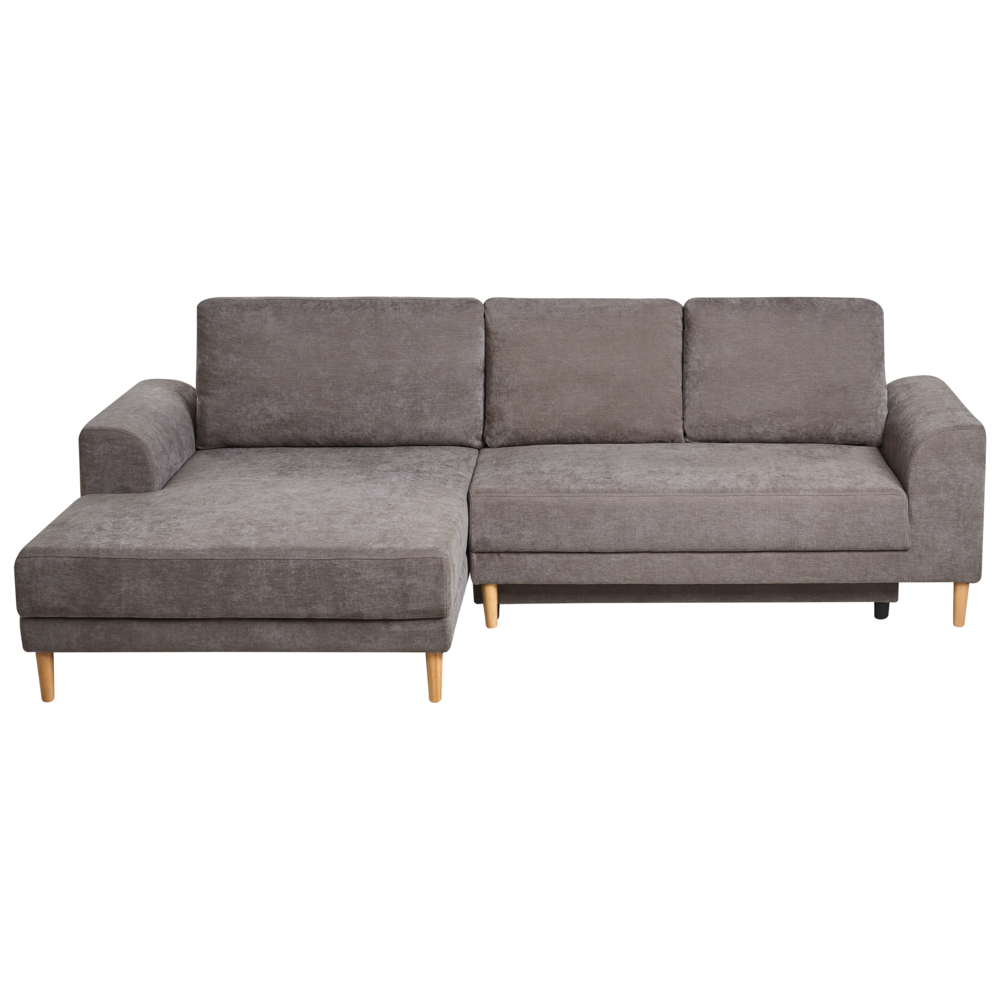 Divano letto angolare a 3 posti con braccioli contenitori rivestito in ciniglia tortora lato destro stile moderno