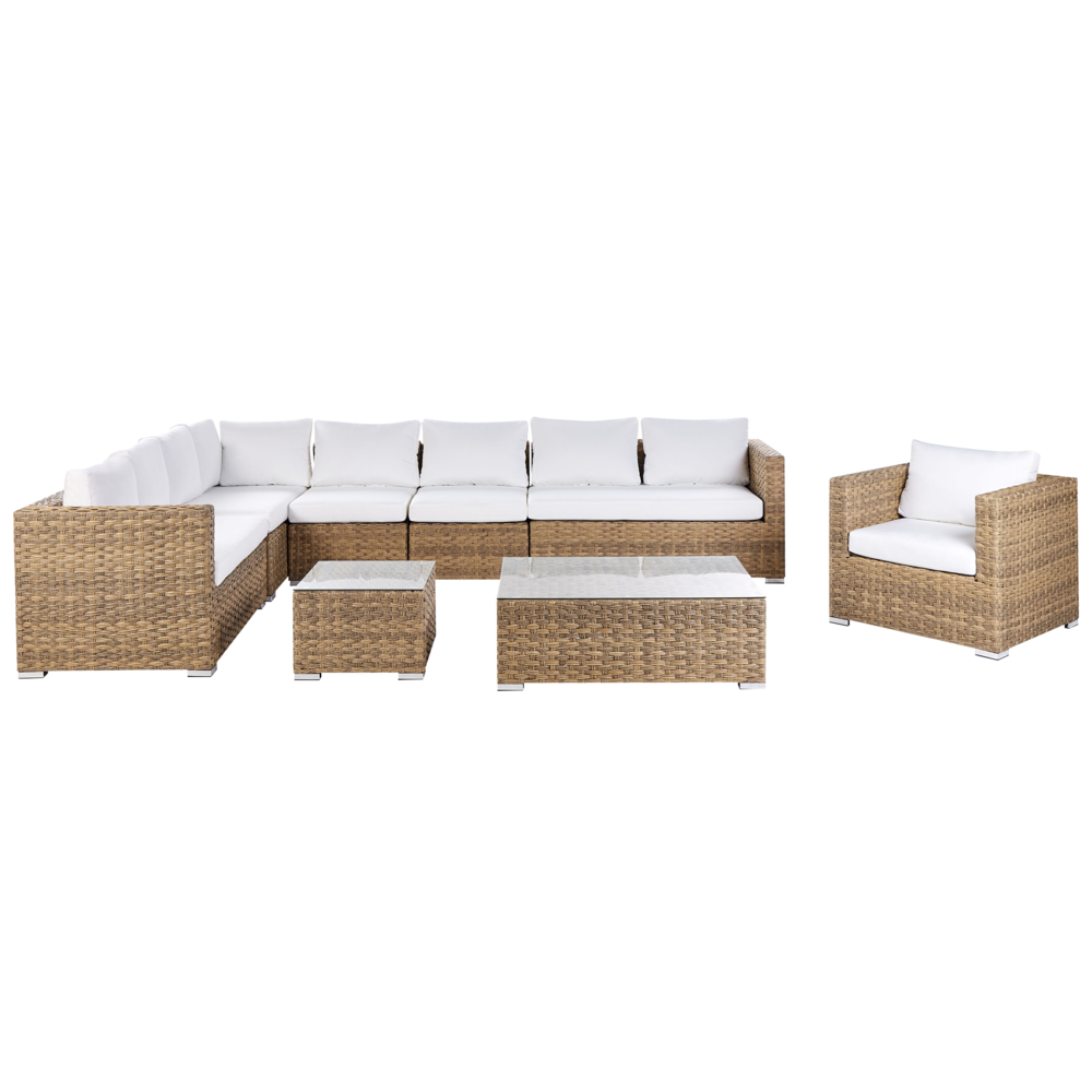 Image of Set da giardino 8 posti in rattan color marrone chiaro lato destro con cuscini beige Divano ad angolo Poltrona Tavolino da caffÃ¨