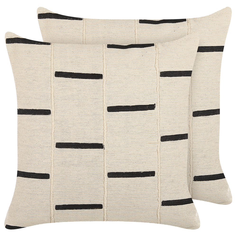 Image of Set di 2 cuscini decorativi cotone beige e nero 45 x 45 cm motivo geometrico a righe fatto a mano sfoderabile con imbottitura