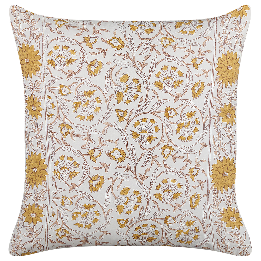 Image of Cuscino decorativo cotone bianco e giallo 45 x 45 cm motivo floreale fatto a mano rivestimento sfoderabile con imbottitura boho style