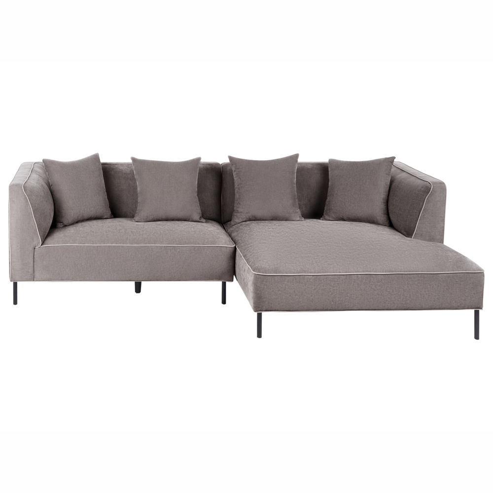 Divano angolare a 3 posti con rivestimento in tessuto di ciniglia tortora a sinistra e cuscini con braccioli Soggiorno in stile moderno