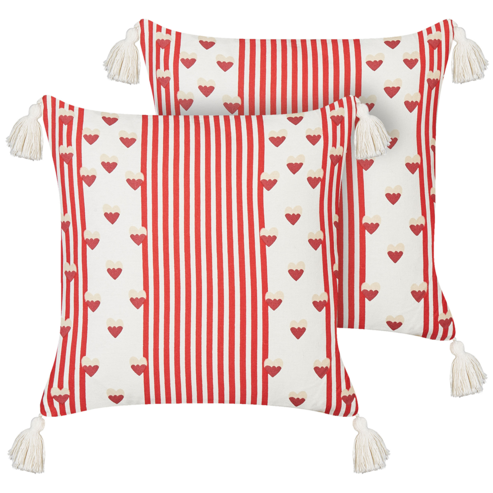 Image of Set di 2 cuscini decorativi in cotone bianco e rosso 45 x 45 cm Motivo cuori sfoderabile Quadrato Accessori decorativi moderni