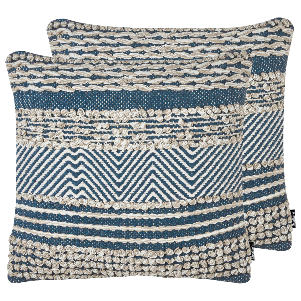 Set di 2 cuscini decorativi beige e blu in cotone 45 x 45 cm Modello geometrico fatto a mano fodera rimovibile con imbottitura stile boho