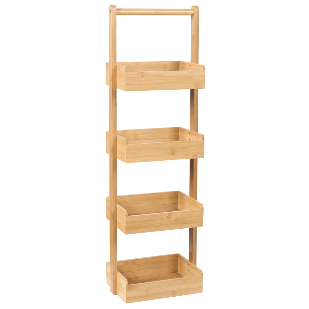 Scaffale da bagno in legno di bambù marrone chiaro a 4 livelli con cestello di design