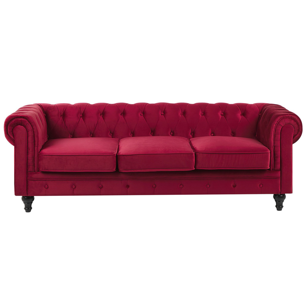 Image of Divano Chesterfield Tessuto Velluto Rosso Scuro Rivestimento Gambe Nere 3 Posti